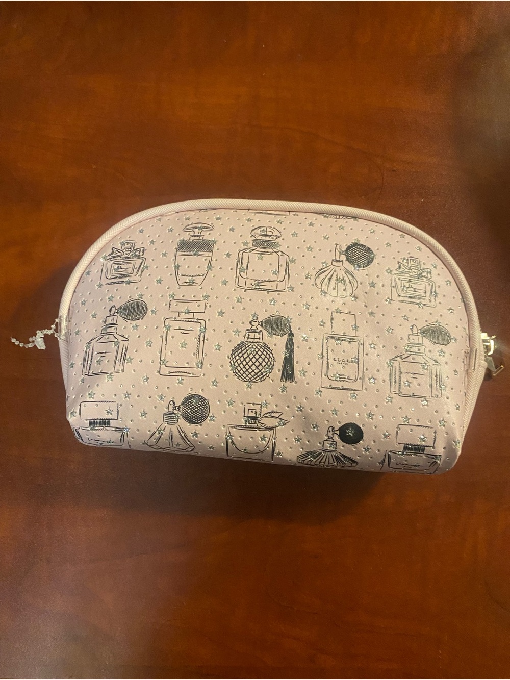 Women’s Pink Cosmetic Pouch with Perfume Bottle Print